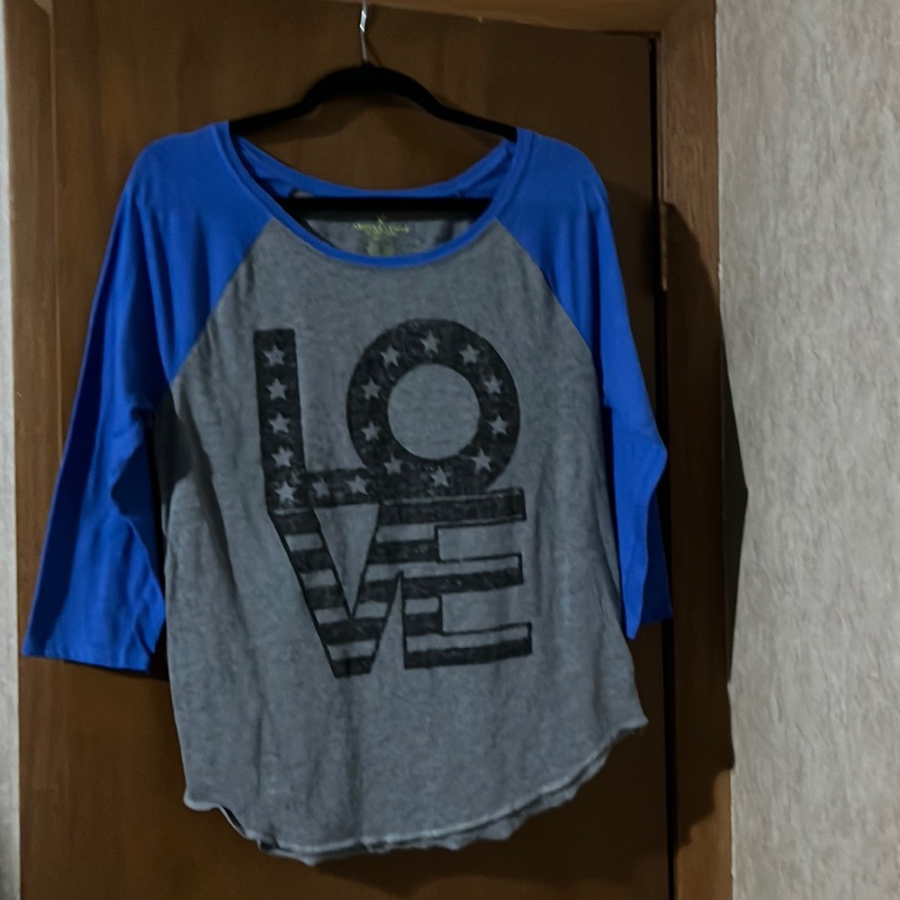 American Eagle Womens Gray & Blue Baseball Shirt, sz L